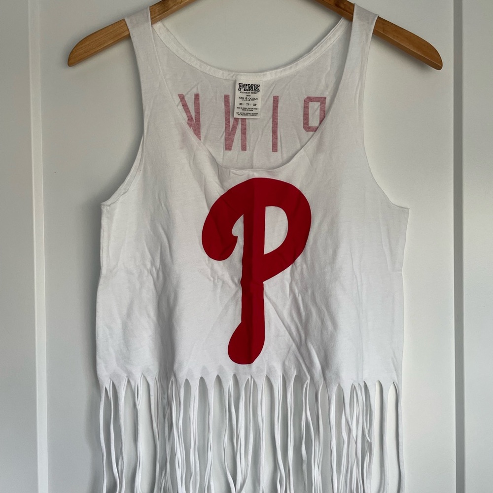 PINK Cropped White Tank with fringe size extra small